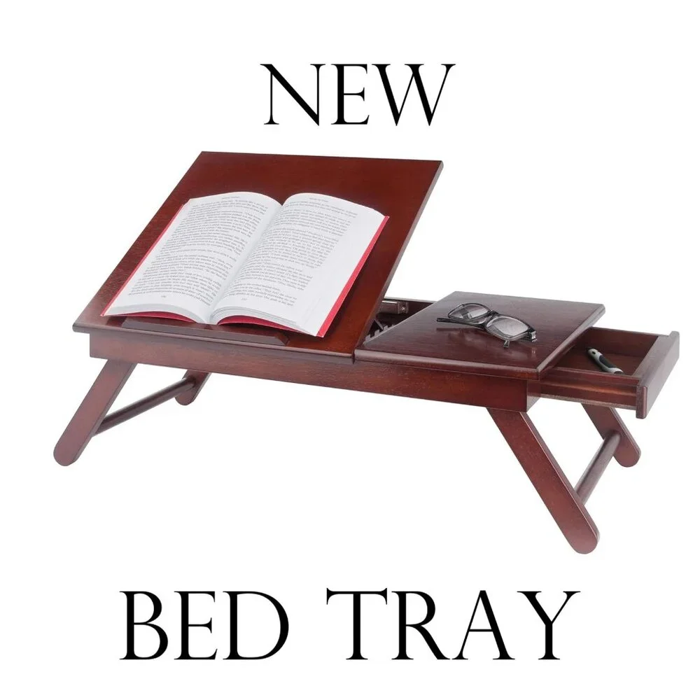 NEW Walnut Winsome Alden Bed Laptop Tray Lap Desk Reading Workstation W/ Drawer